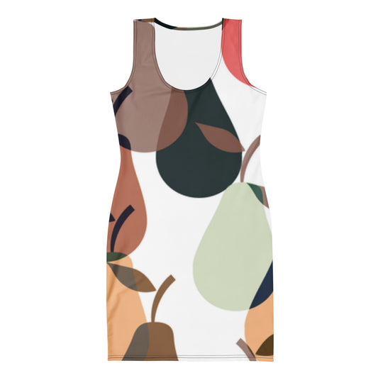 Sleeveless dress with abstract leaf pattern on a white background
