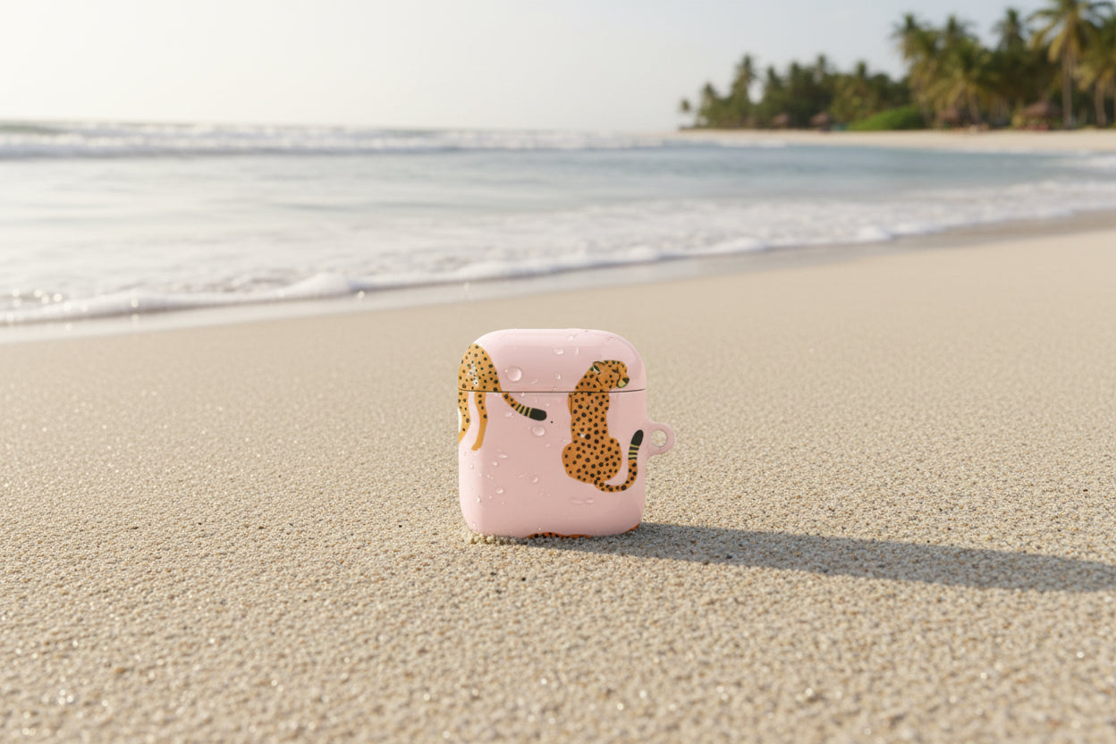 Leopard Print Airpods on the beach, on A sunny day