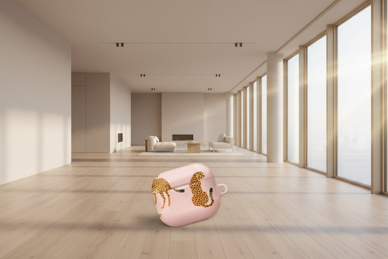 Leopard Print Airpods balancing on modern living room floor