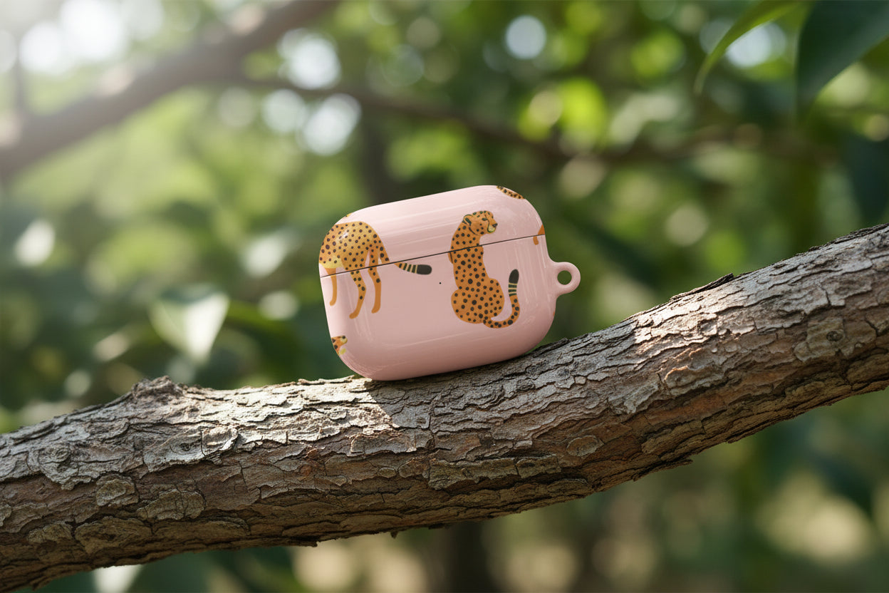 Leopard Print Airpods Perched on A branch.