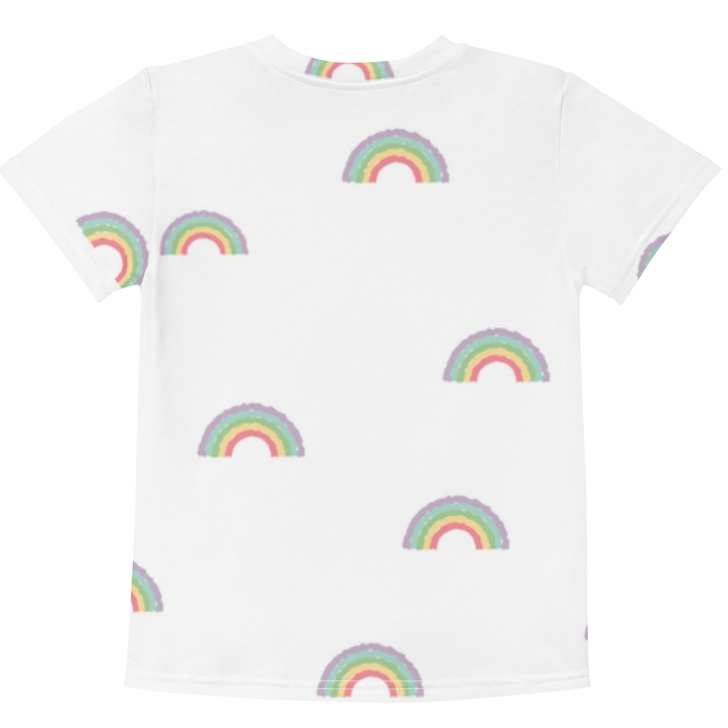 White t-shirt with colorful rainbow patterns on a white background