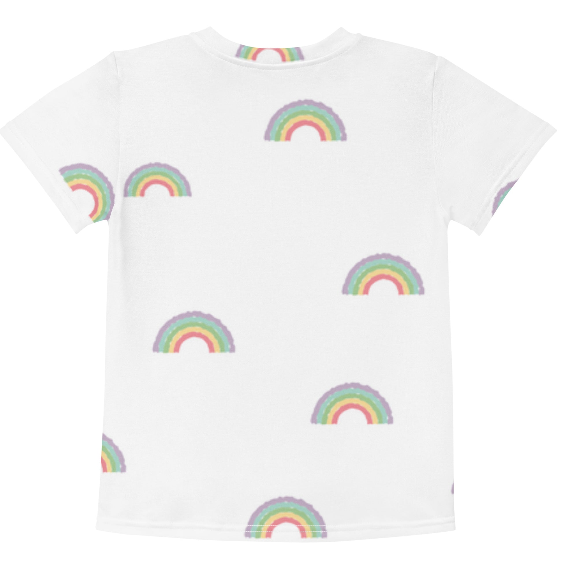 White t-shirt with colorful rainbow patterns on a white background