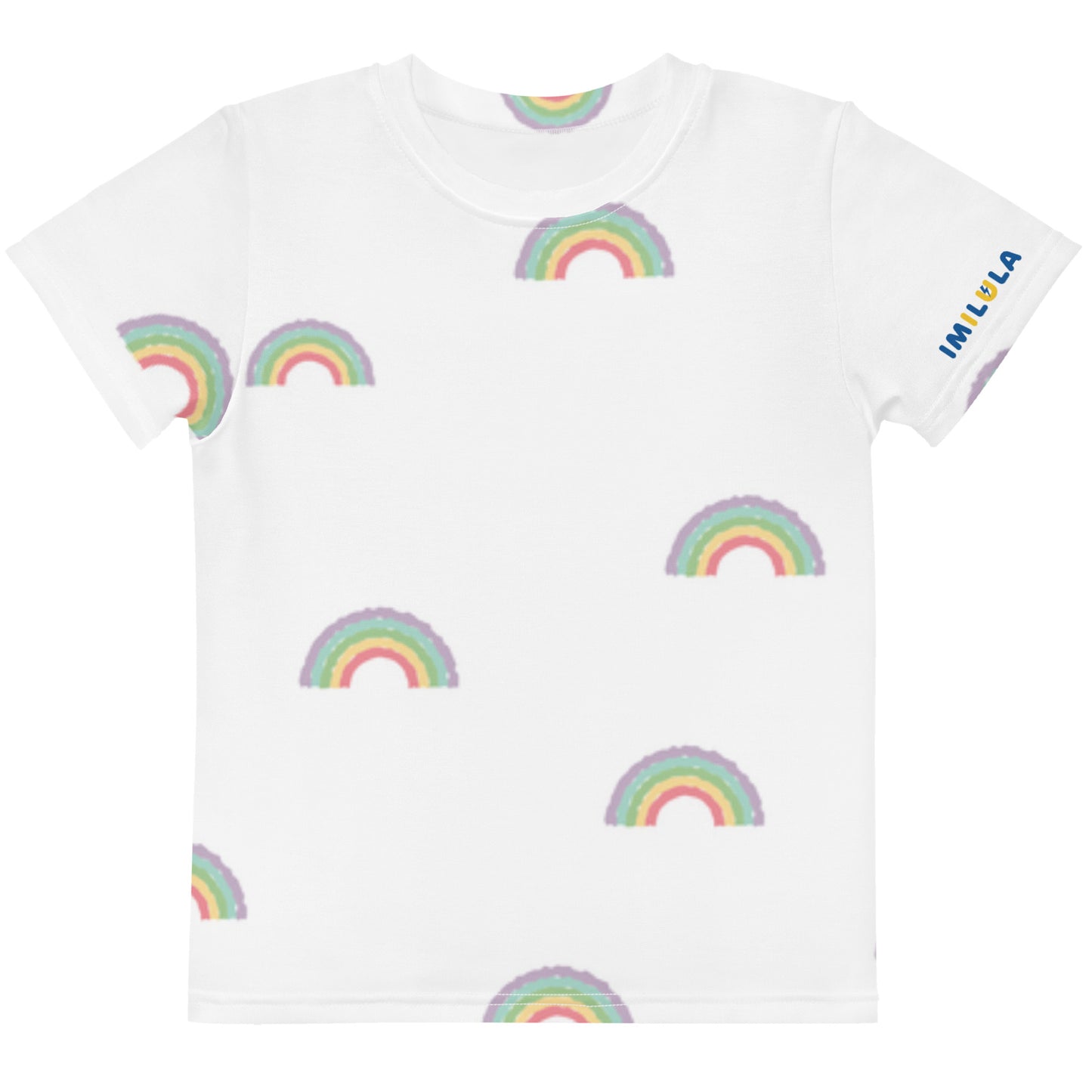 White t-shirt with rainbow patterns on a white background