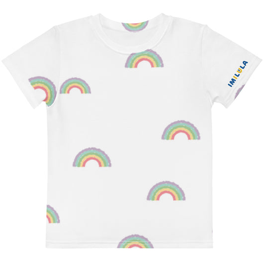 White t-shirt with rainbow patterns on a white background