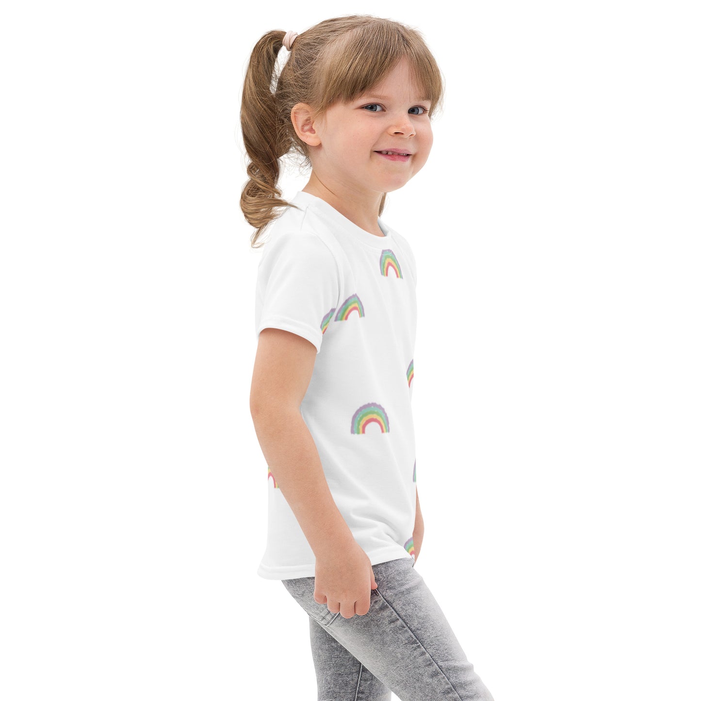 Young girl wearing a white t-shirt with a logo on a white background
