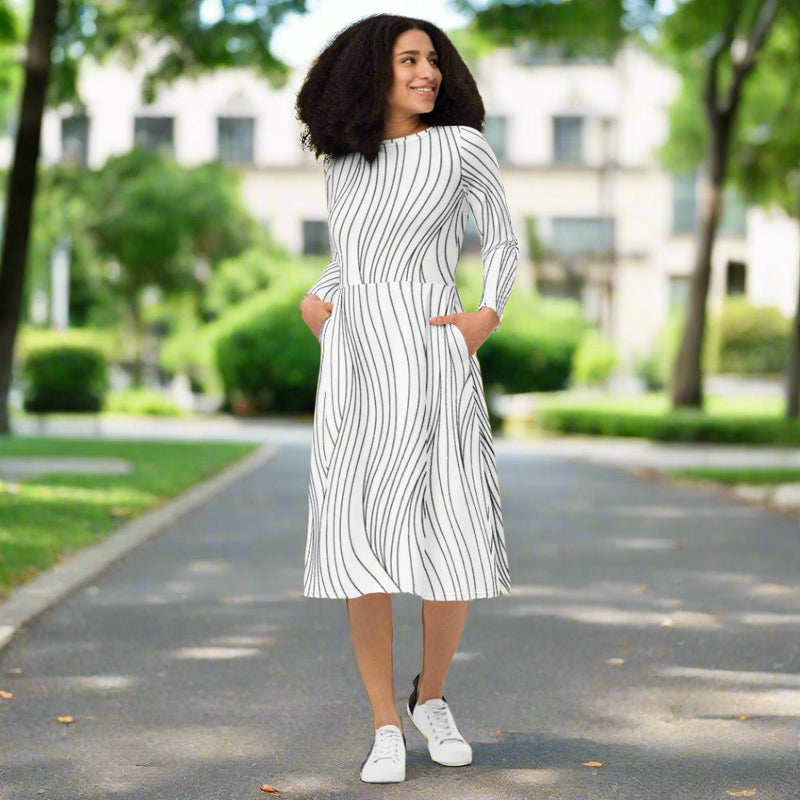 GT4L Women's Black & White Line Print Midi Dress