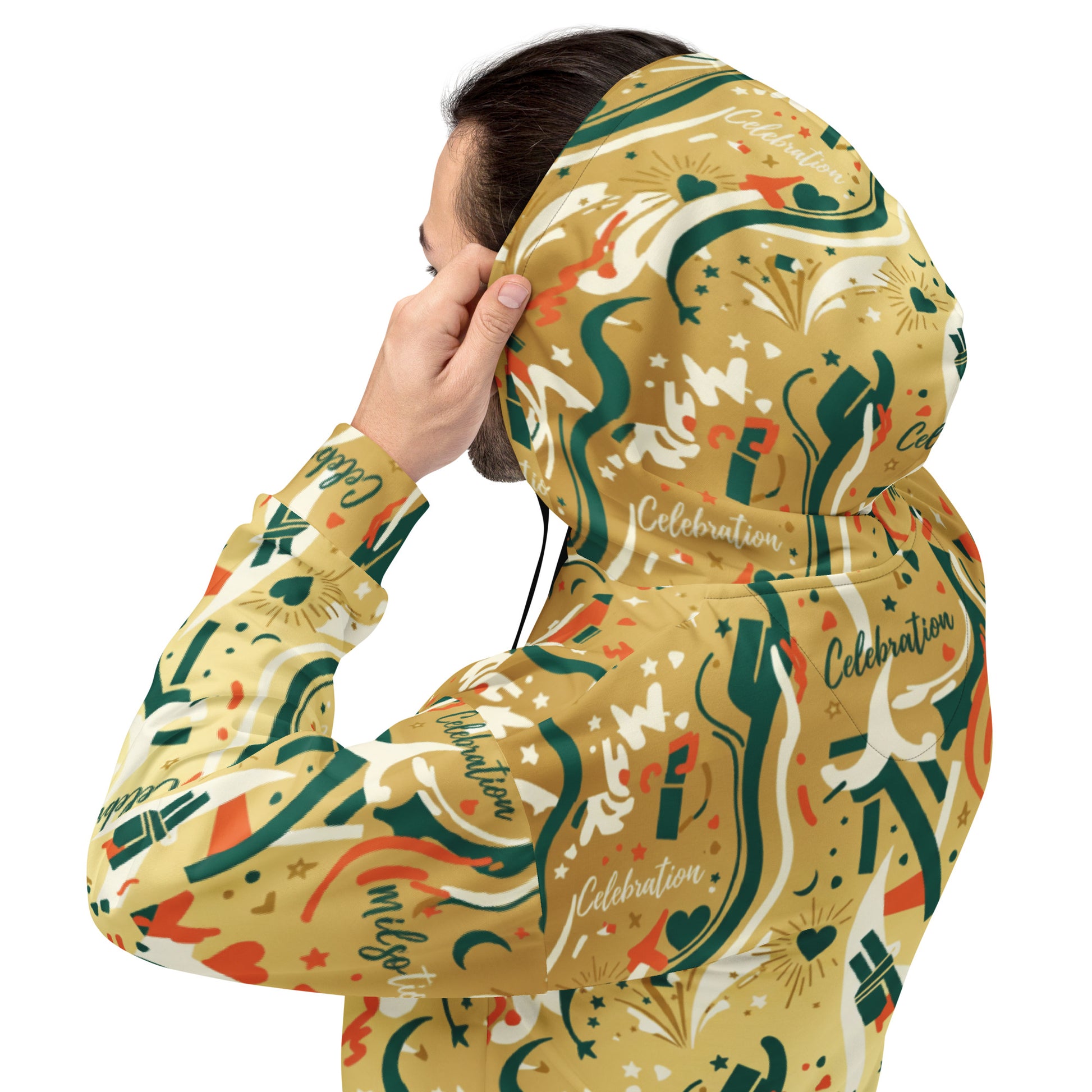 Person wearing a colorful hoodie with 'Celebration' text on a white background