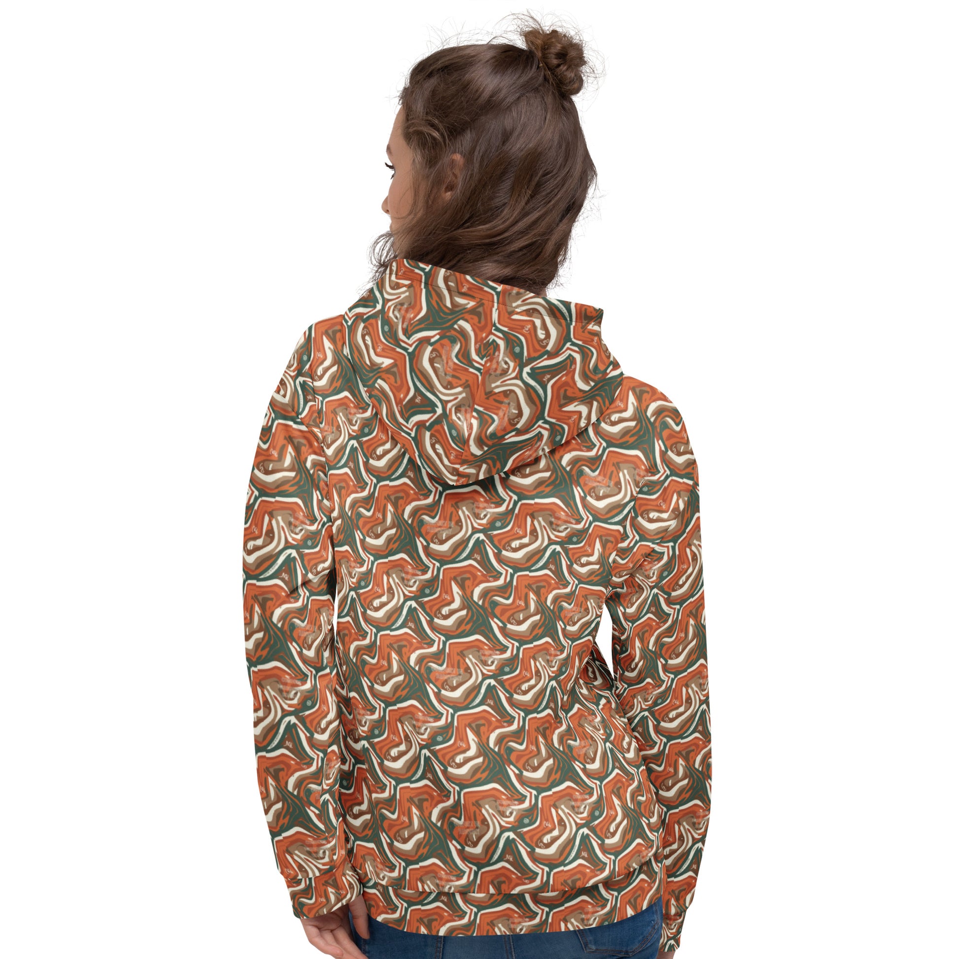 Person wearing a patterned jacket on a white background