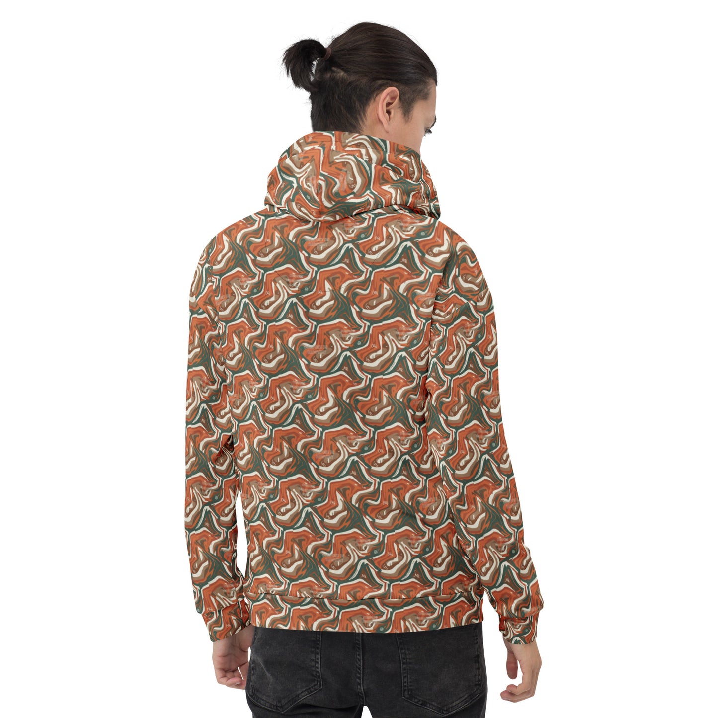 Person wearing a patterned jacket on a white background