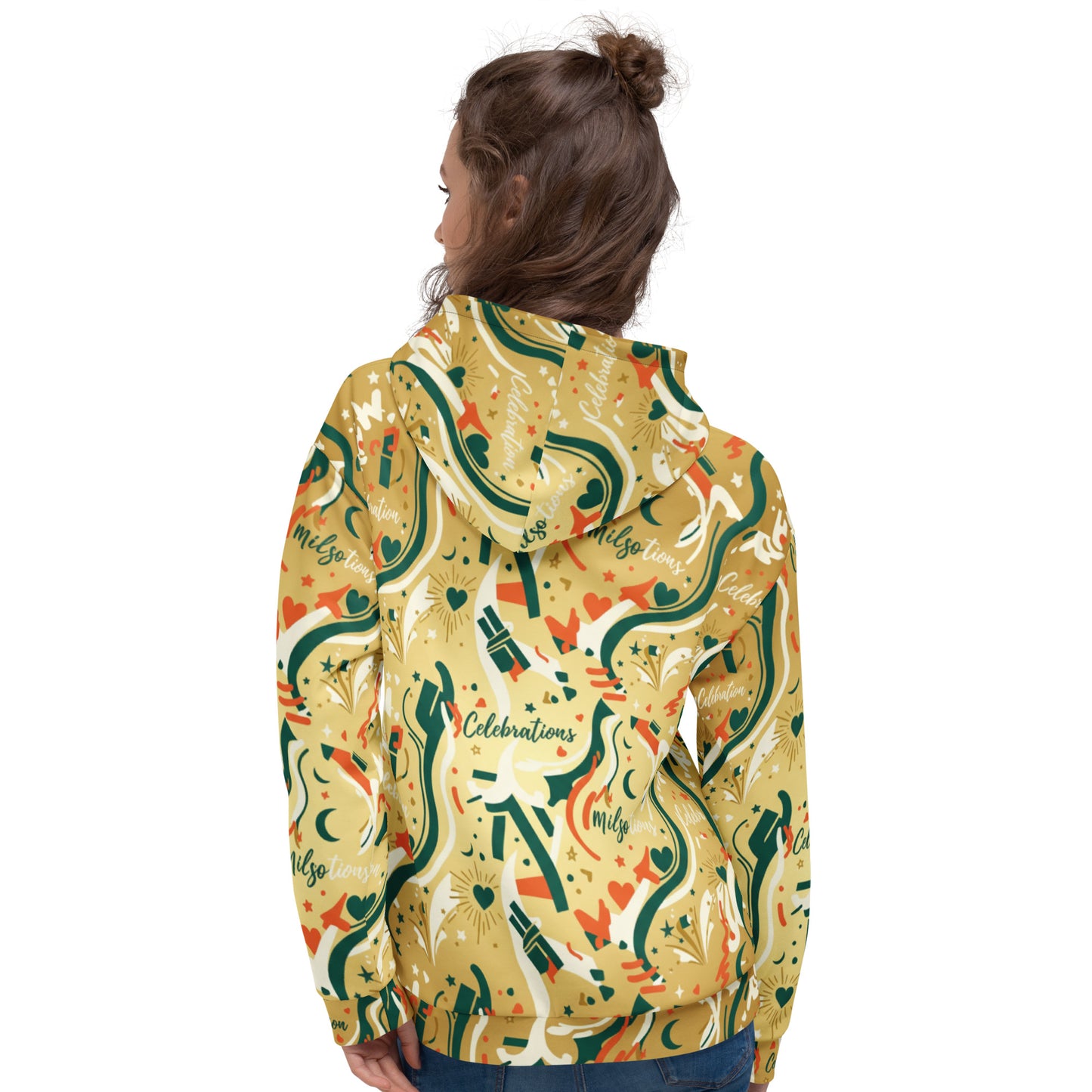 Person wearing a colorful patterned jacket on a white background