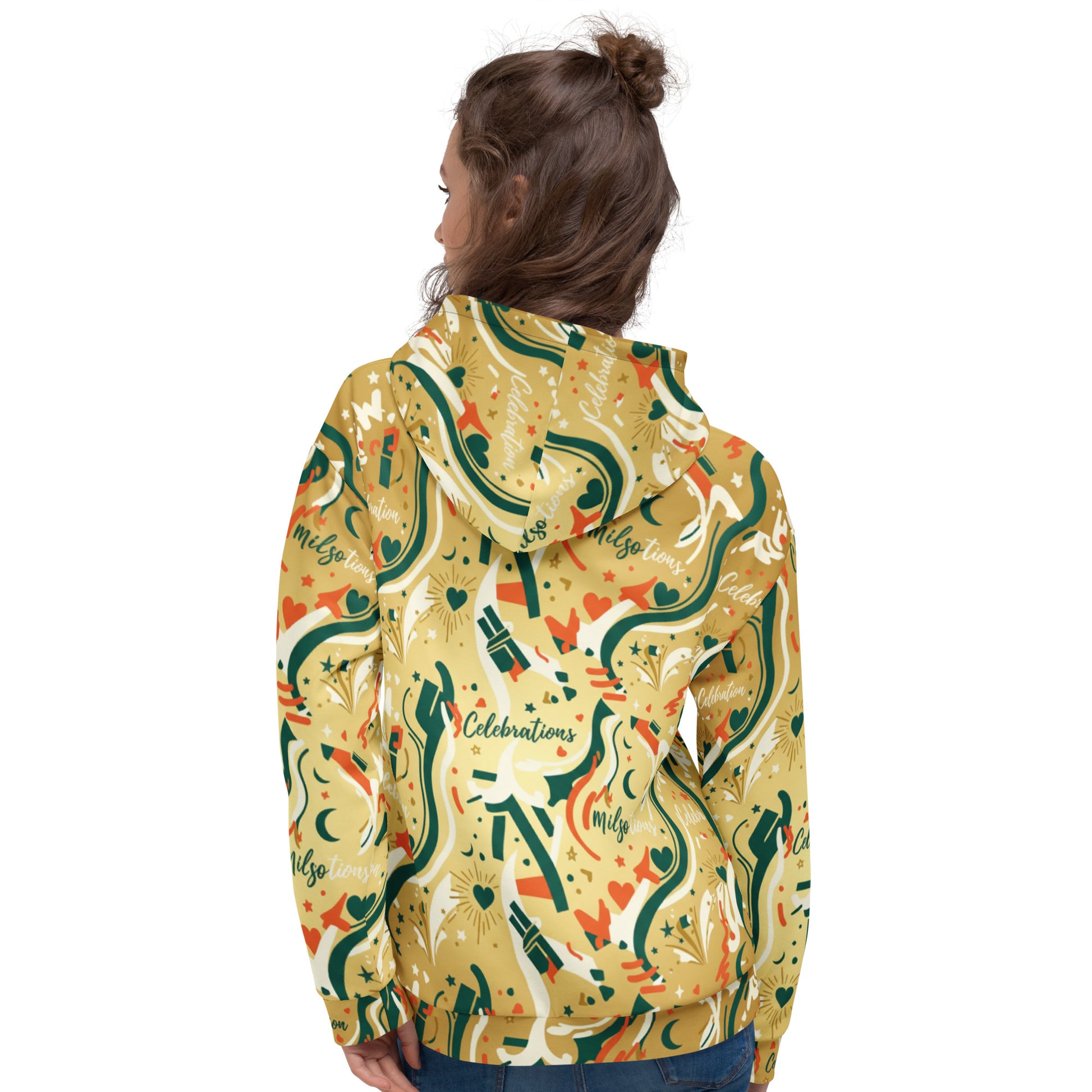 Person wearing a colorful patterned jacket on a white background