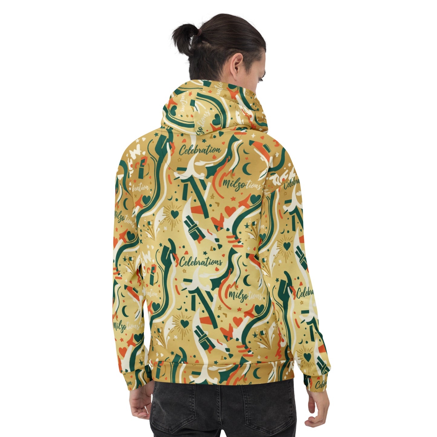 Person wearing a colorful patterned jacket on a white background