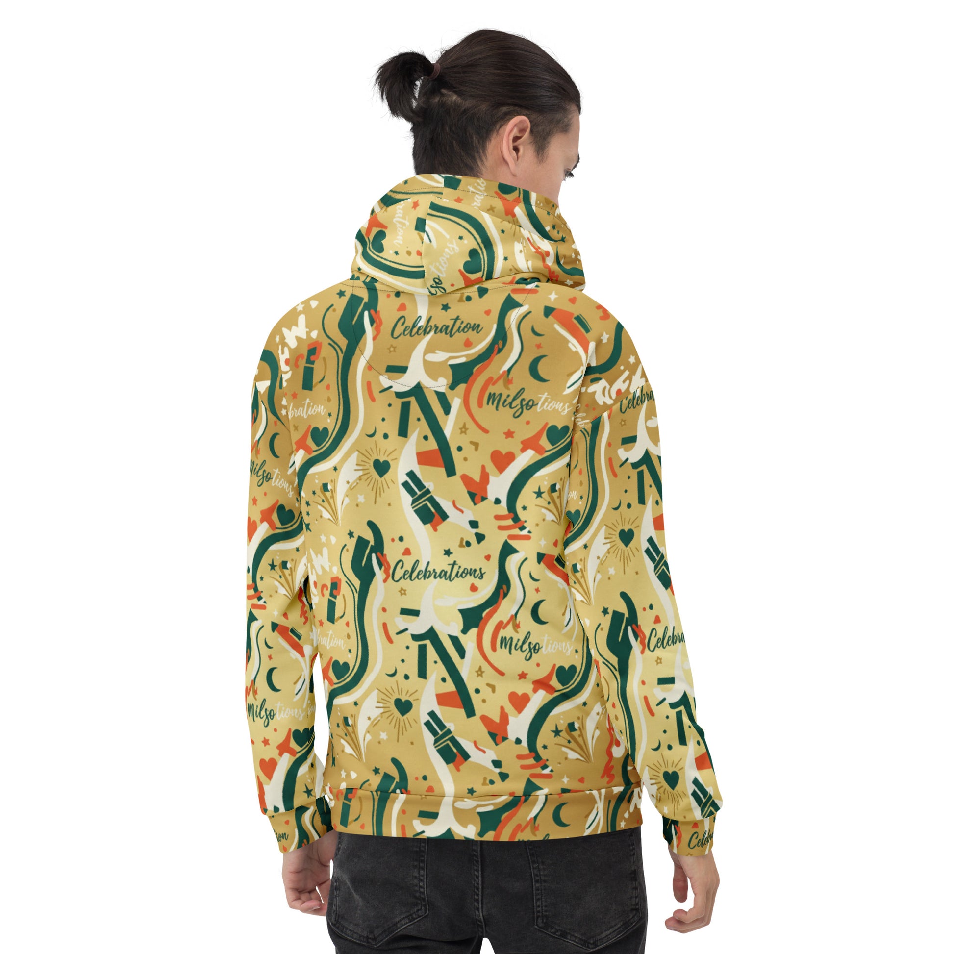 Person wearing a colorful patterned jacket on a white background