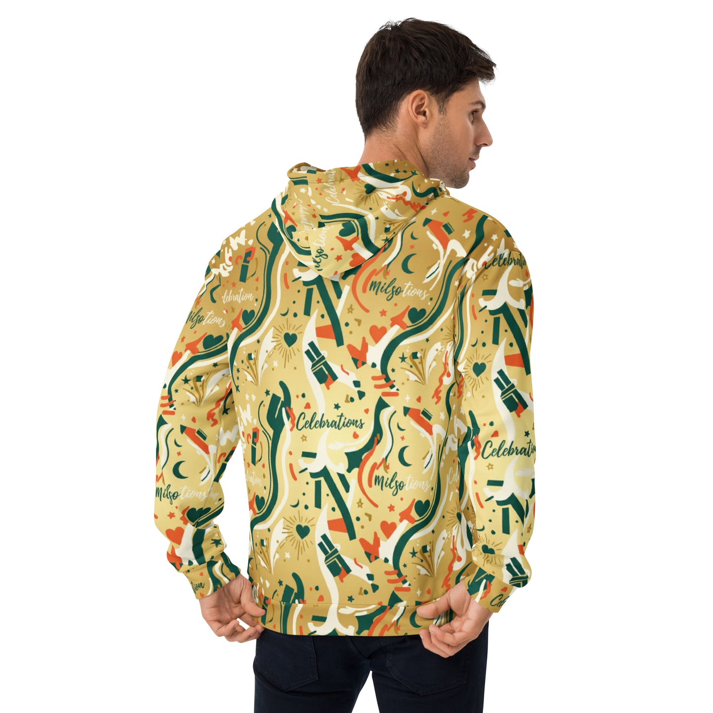 Man wearing a colorful patterned hoodie on a white background