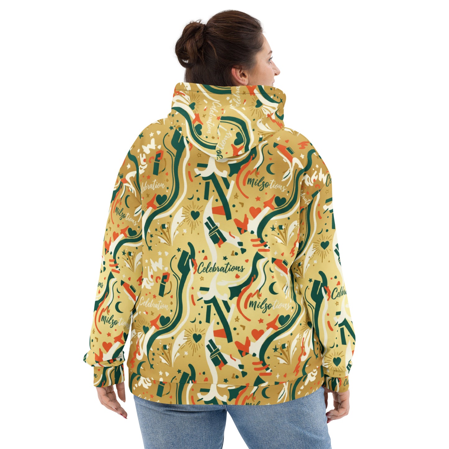Woman wearing a colorful patterned jacket on a white background