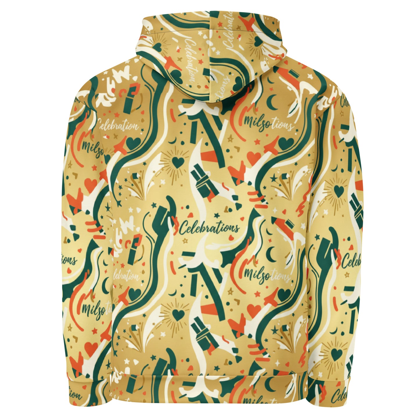 Colorful patterned hoodie with 'milo' branding on a white background