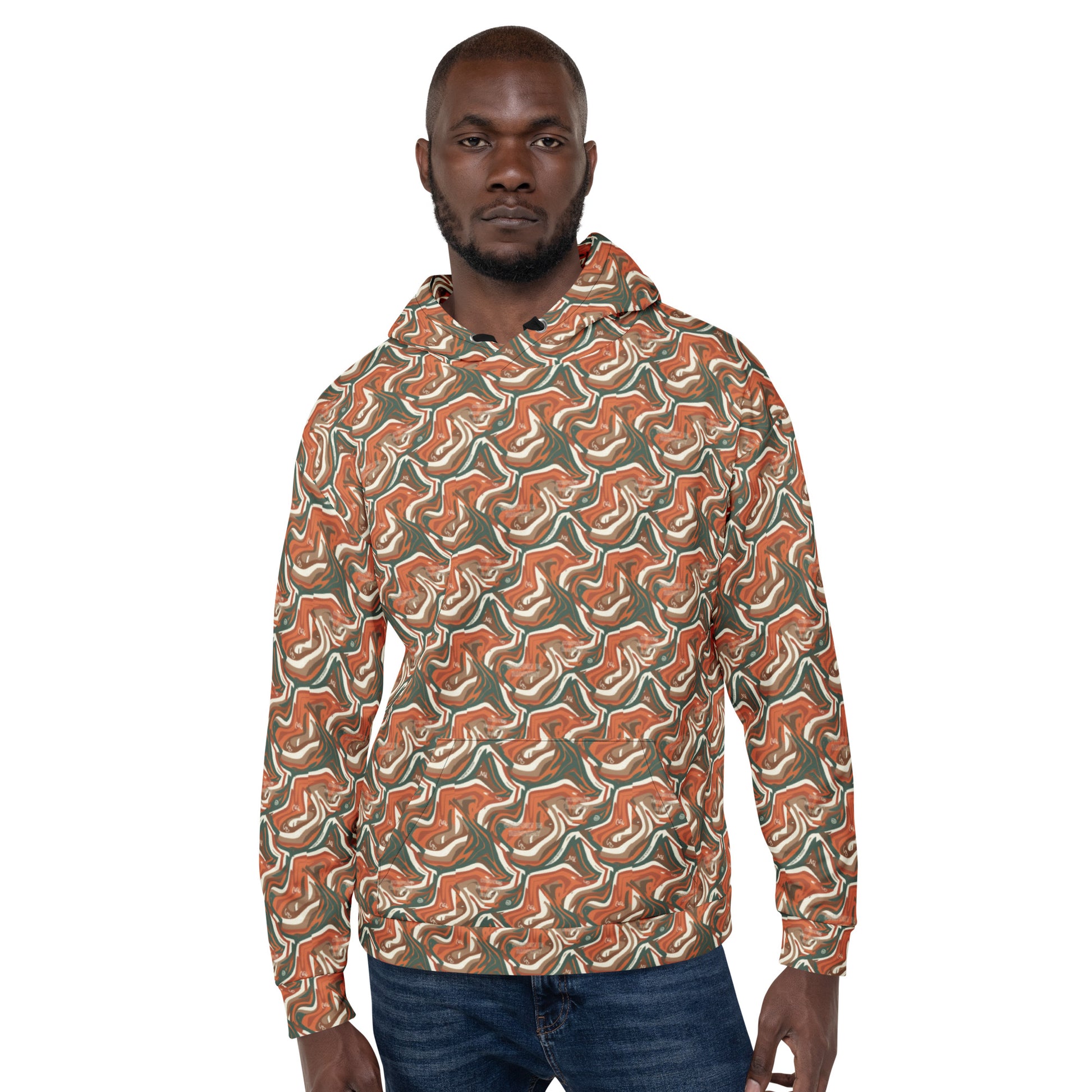 Man wearing a colorful geometric patterned hoodie on a white background