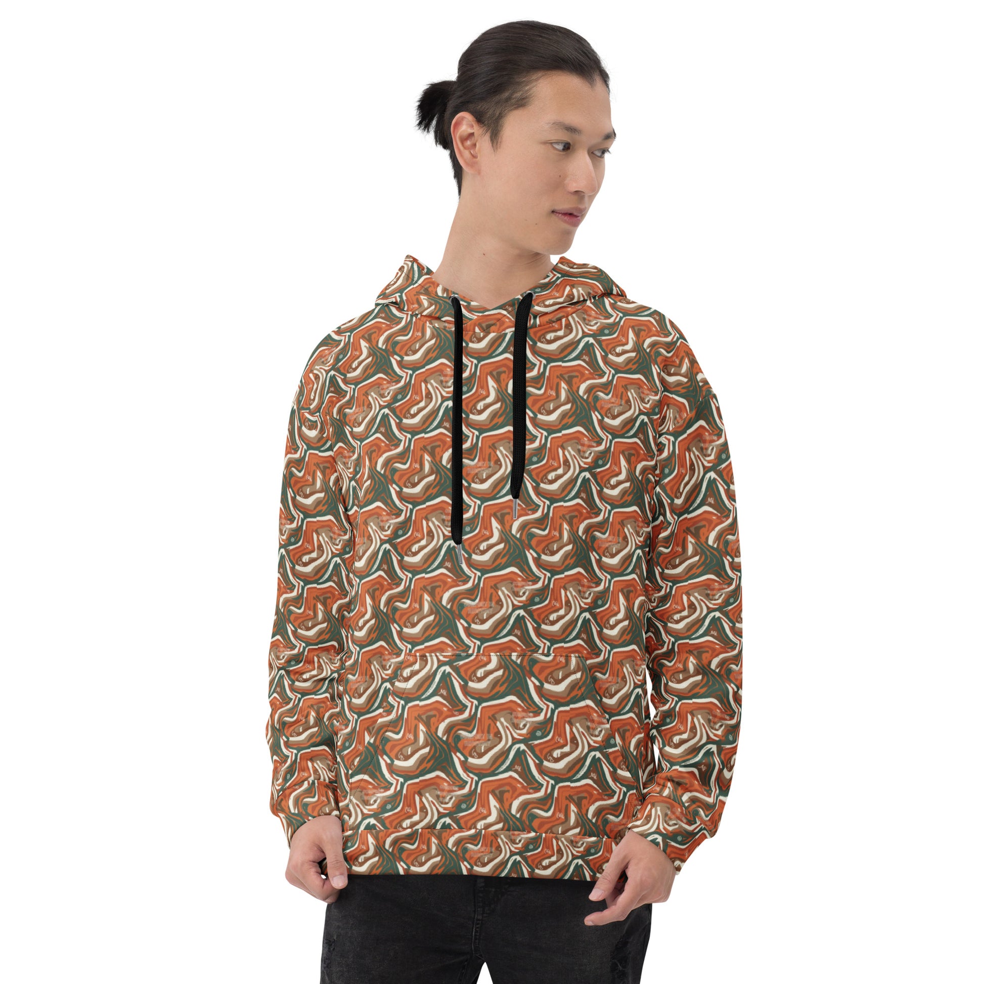 Person wearing a patterned hoodie on a white background
