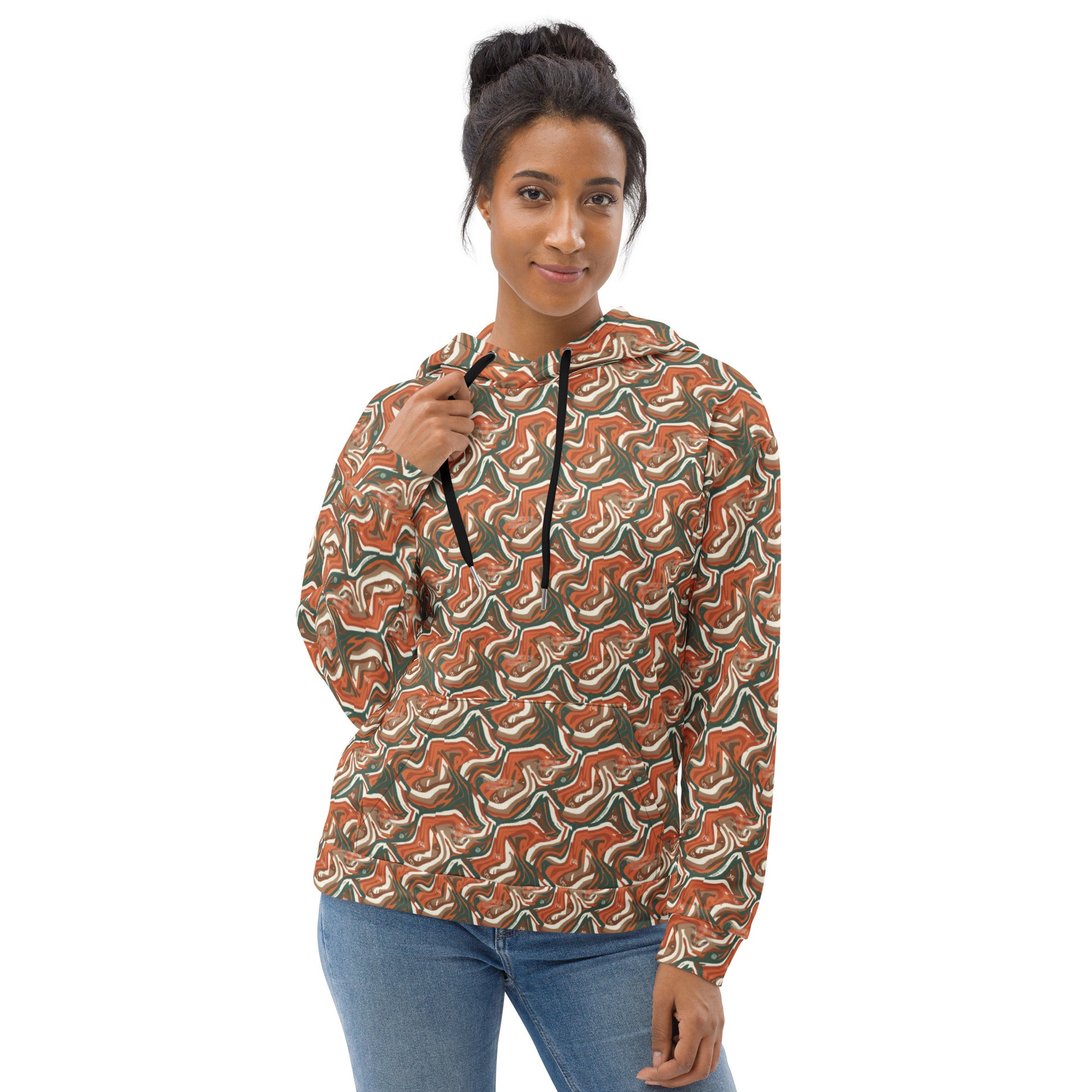 Woman wearing a patterned hoodie on a white background