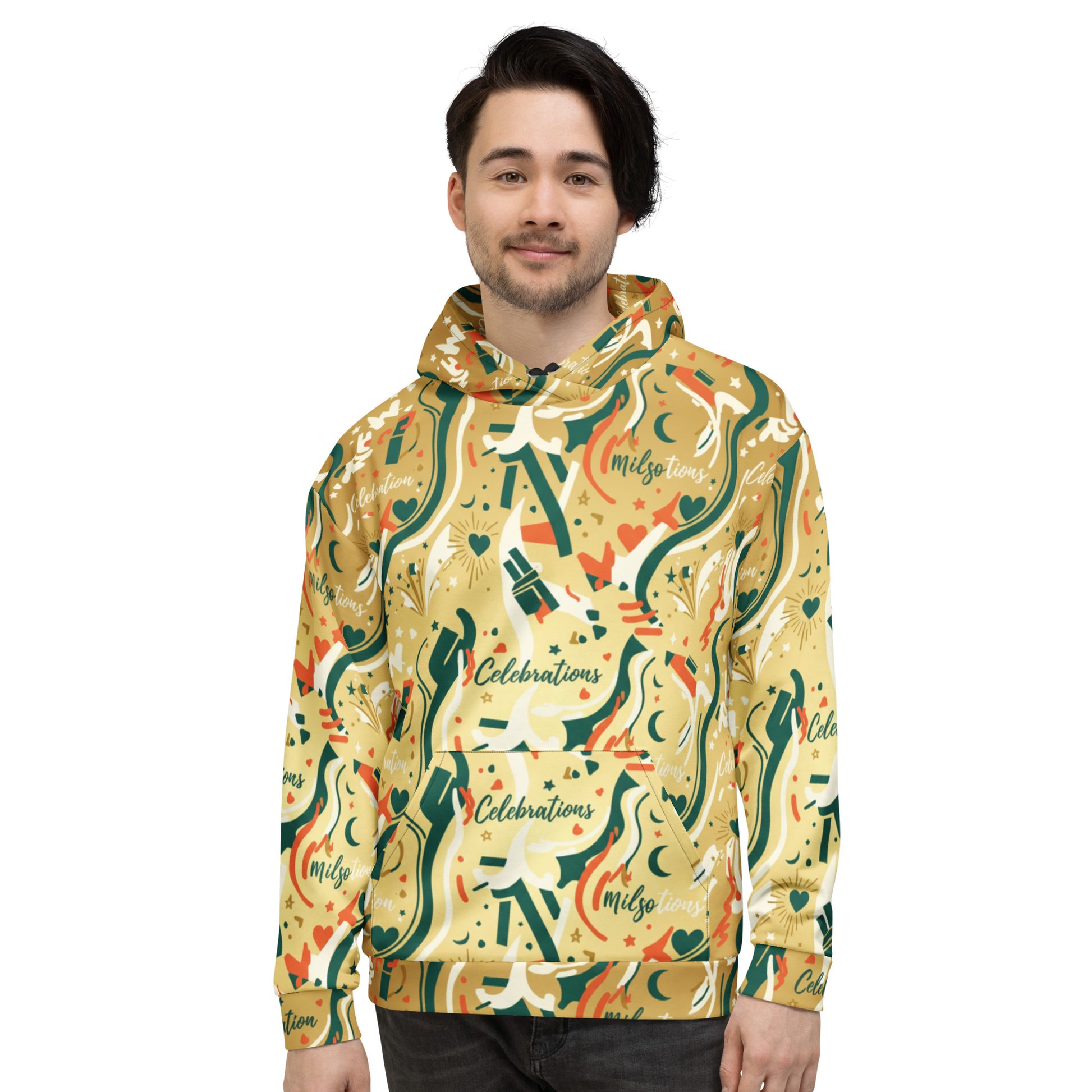 Man wearing a colorful patterned hoodie on a white background