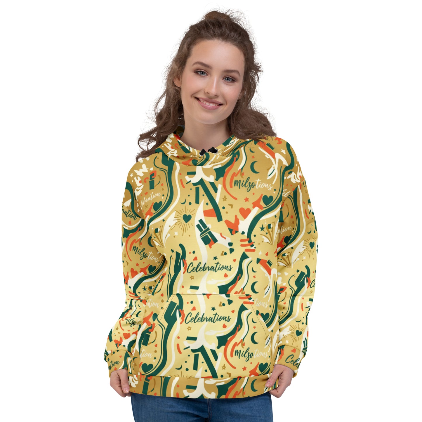 Woman wearing a colorful hoodie with festive design on a white background