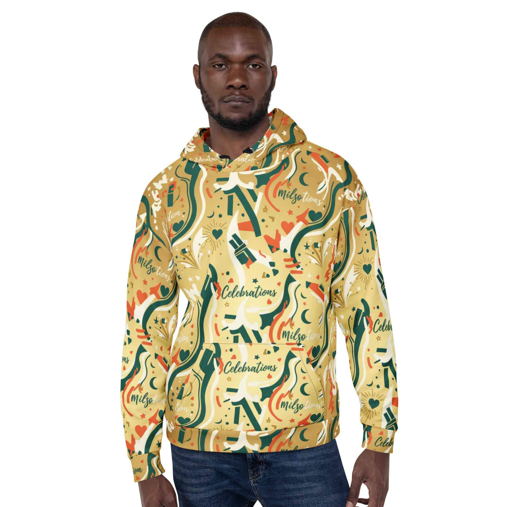 Man wearing a colorful patterned hoodie on a white background