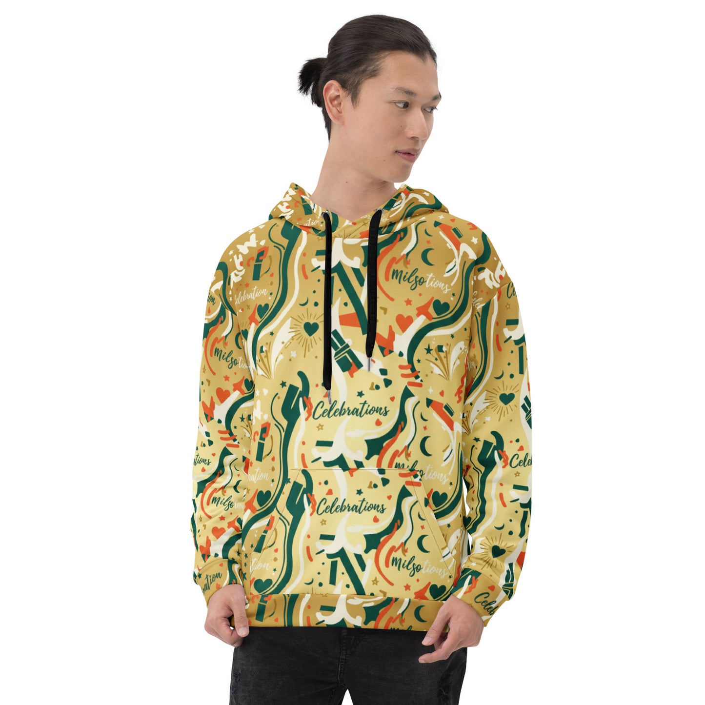 Person wearing a colorful hoodie with a pattern and text on a white background