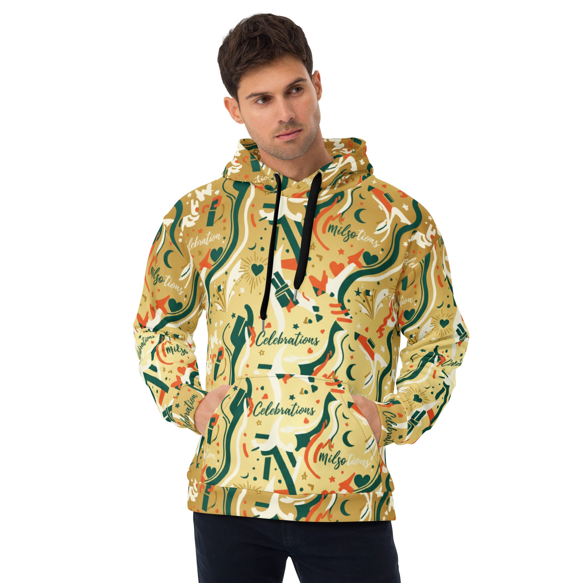 Man wearing a colorful hoodie with abstract patterns and text on a white background