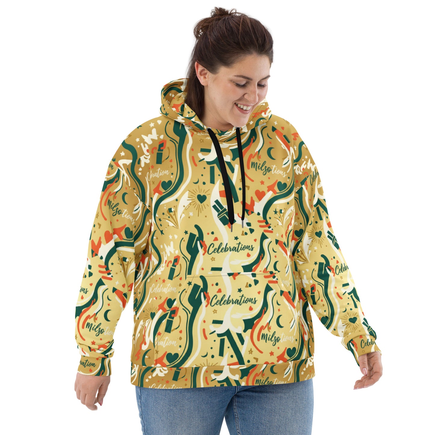 Woman wearing a colorful patterned hoodie on a white background