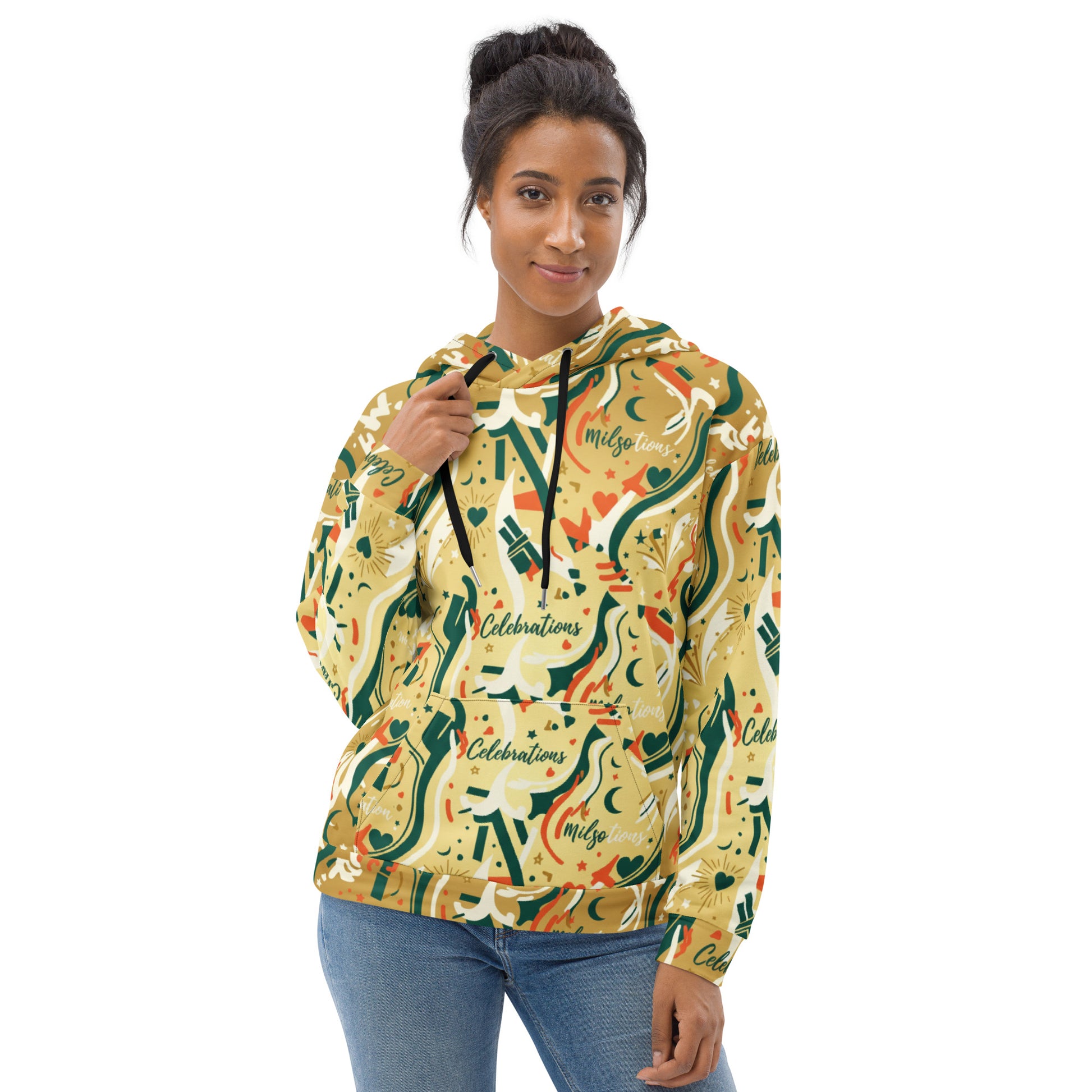 Woman wearing a colorful hoodie with text and patterns on a white background