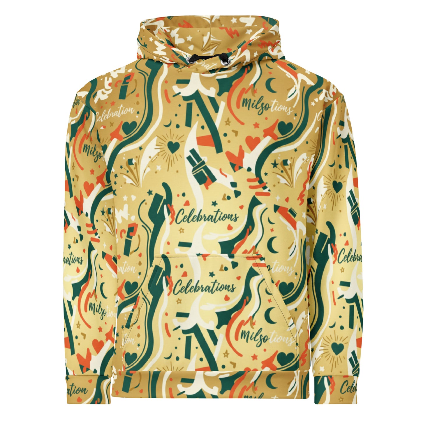 Hoodie with colorful pattern and text on a white background