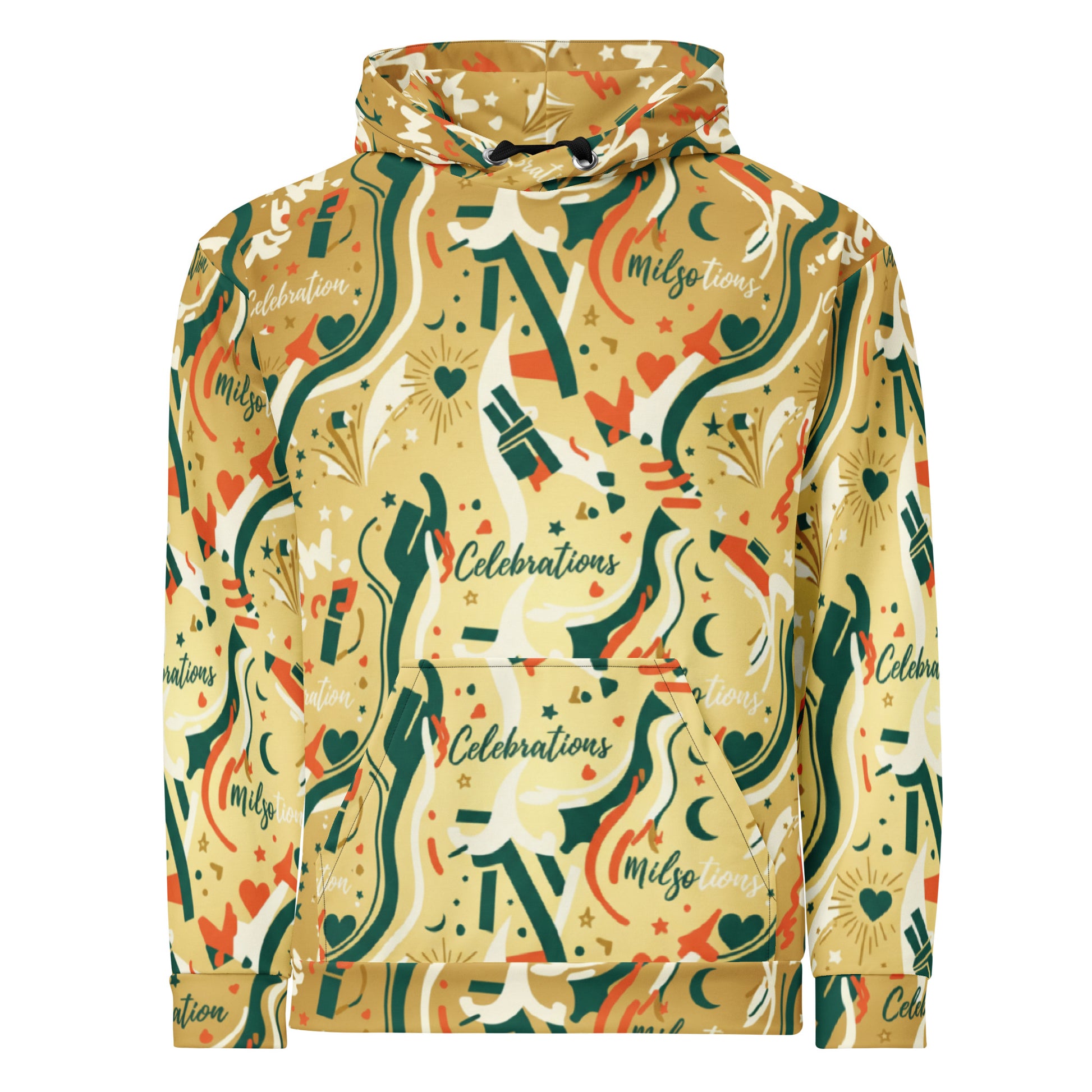 Hoodie with colorful pattern and text on a white background