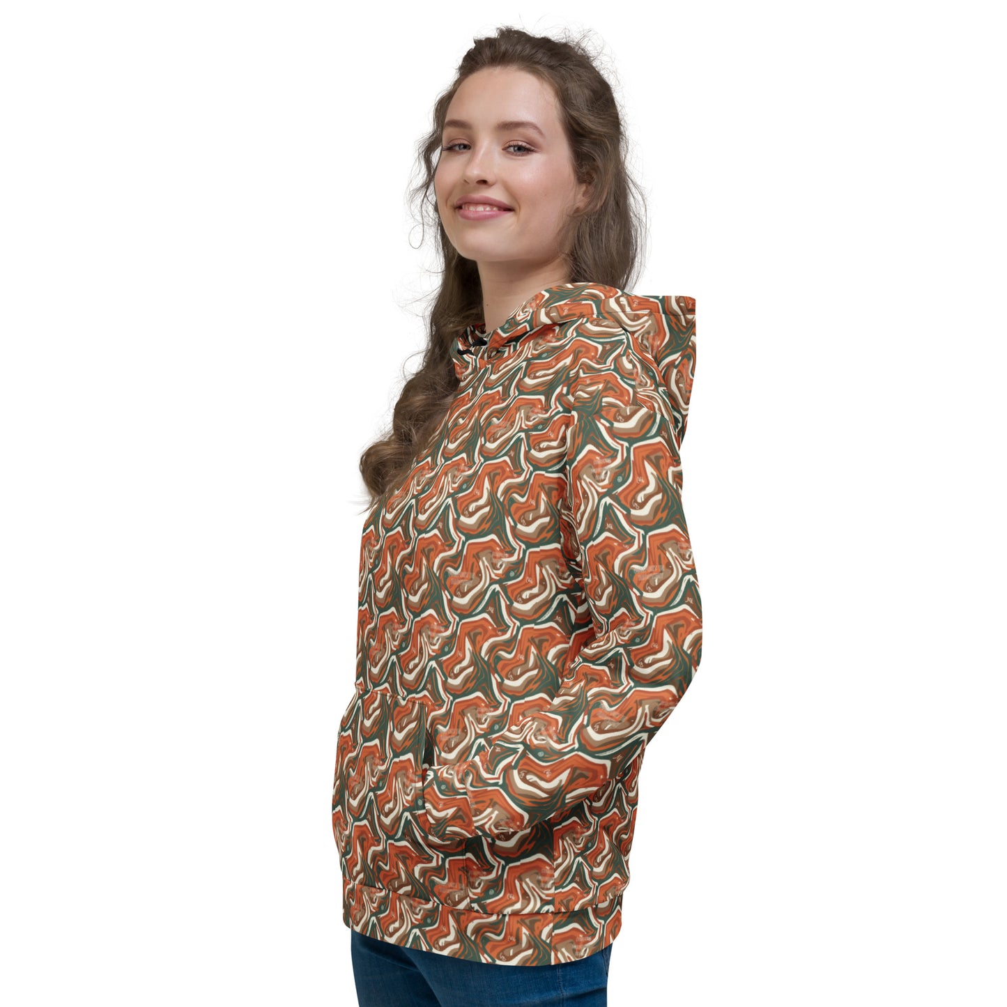 Woman wearing a patterned shirt on a white background