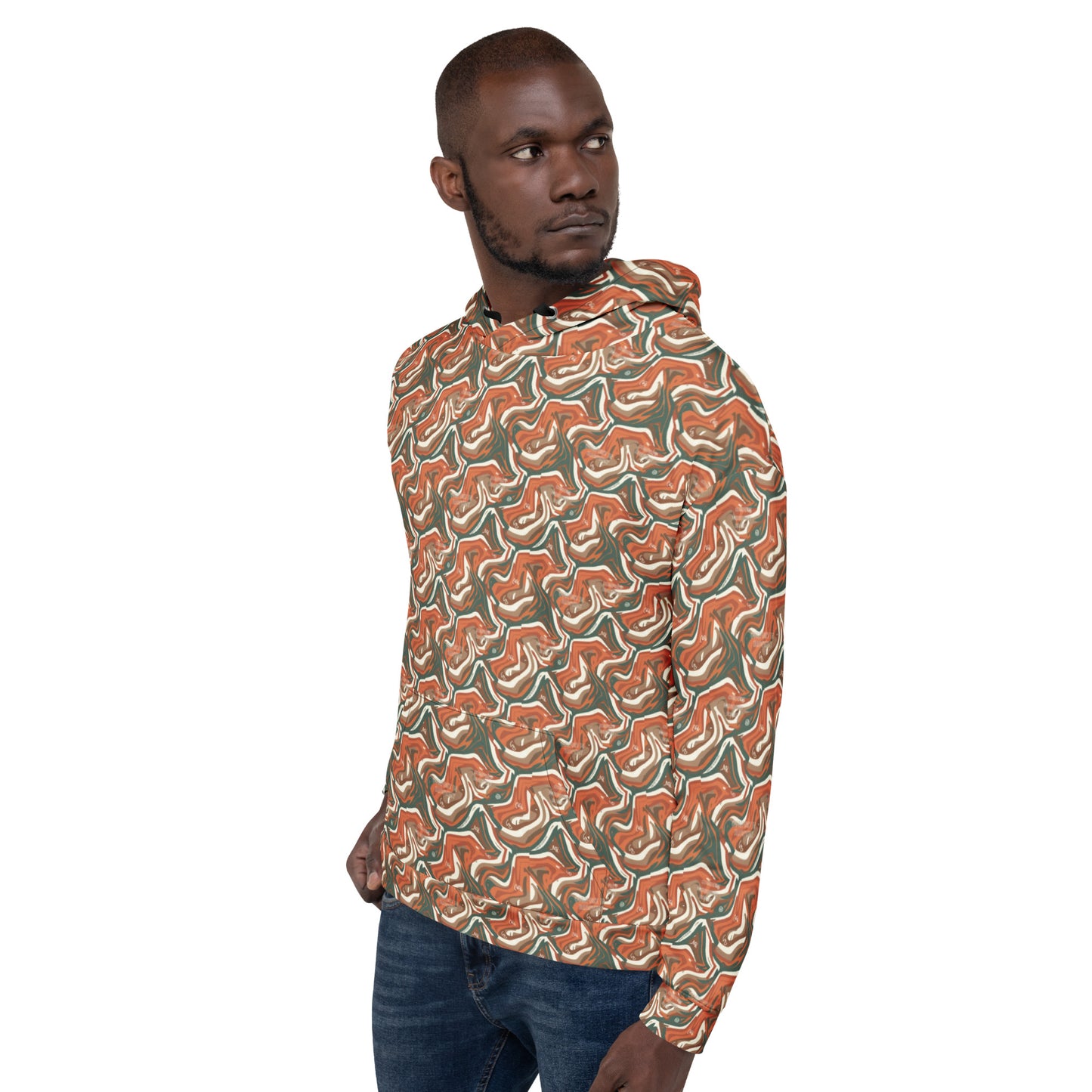 Man wearing a patterned shirt on a white background