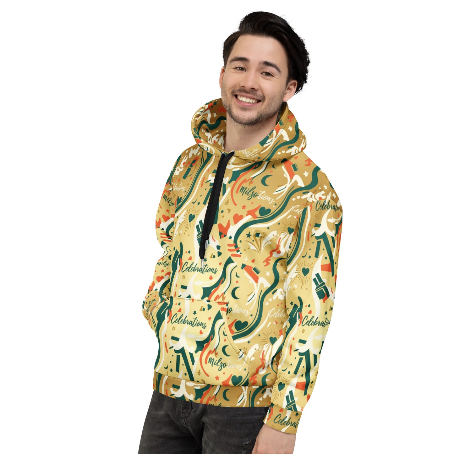 Man wearing a colorful hoodie with a pattern on a white background