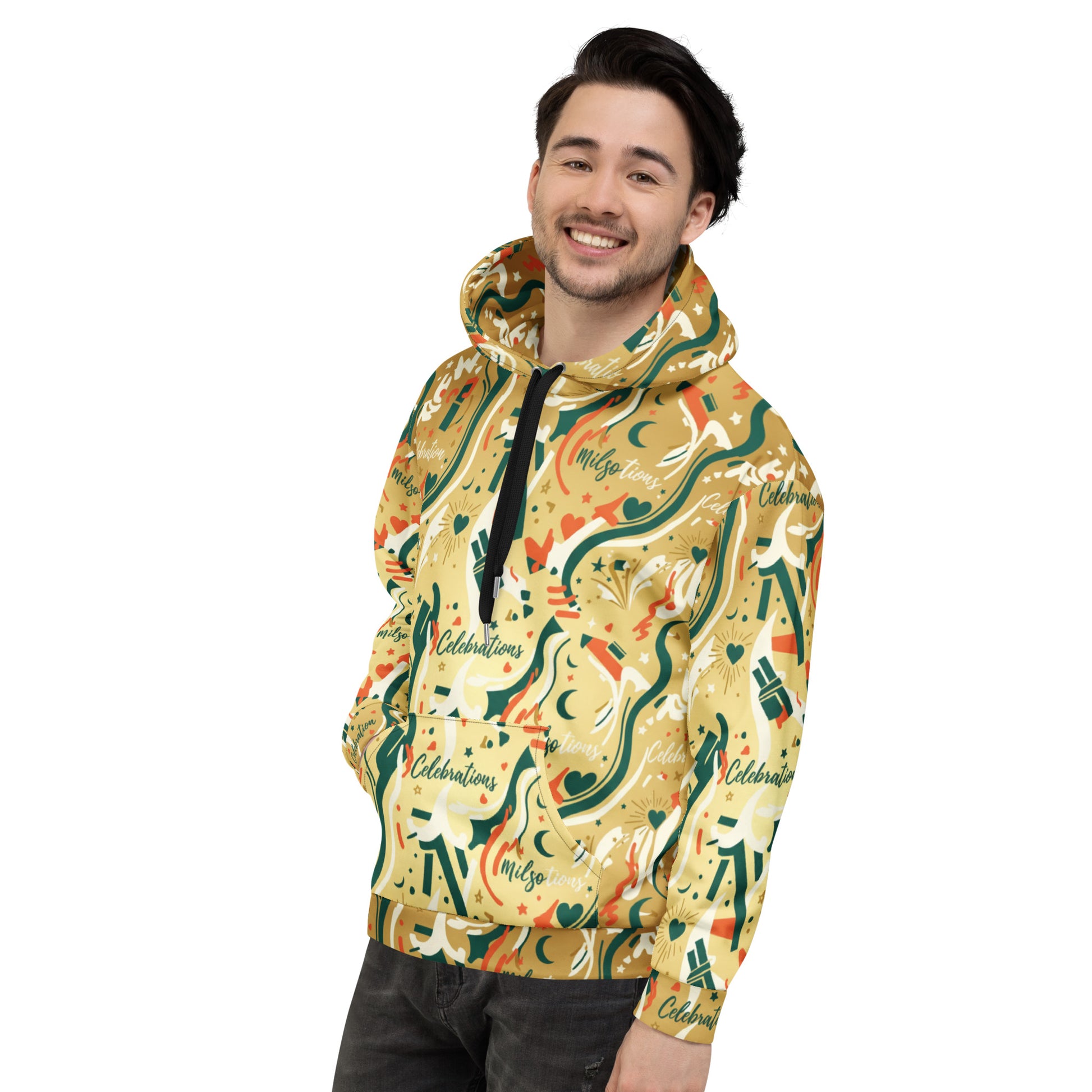 Man wearing a colorful hoodie with a pattern on a white background