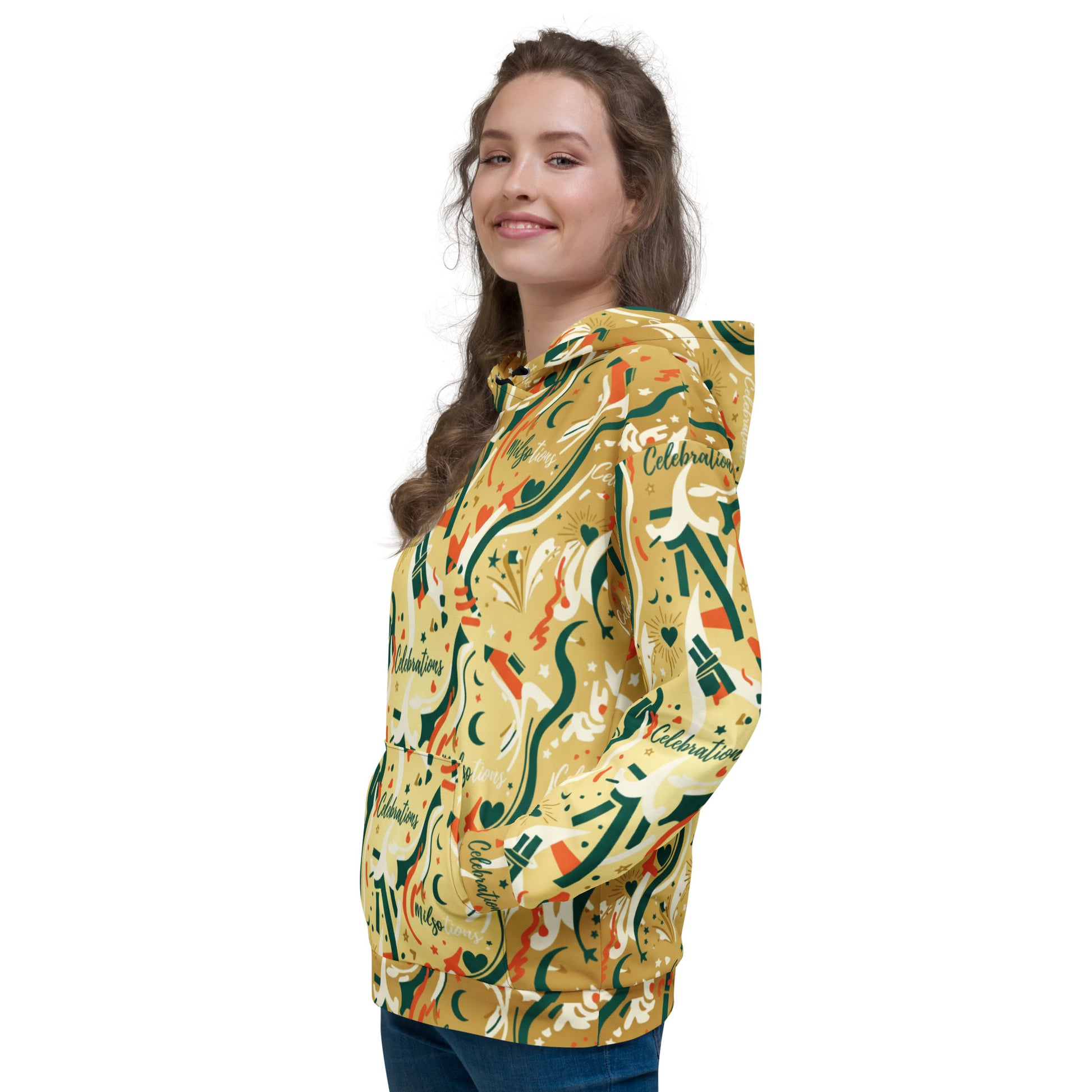 Woman wearing a colorful patterned hoodie on a white background