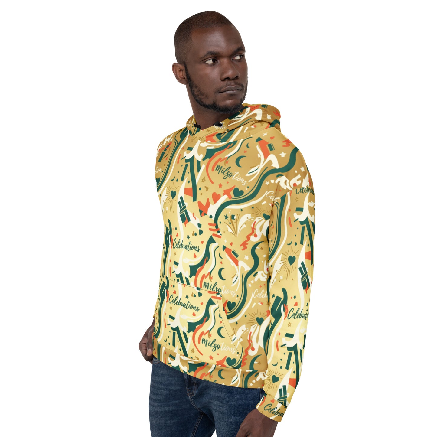 Man wearing a colorful hoodie with abstract patterns on a white background