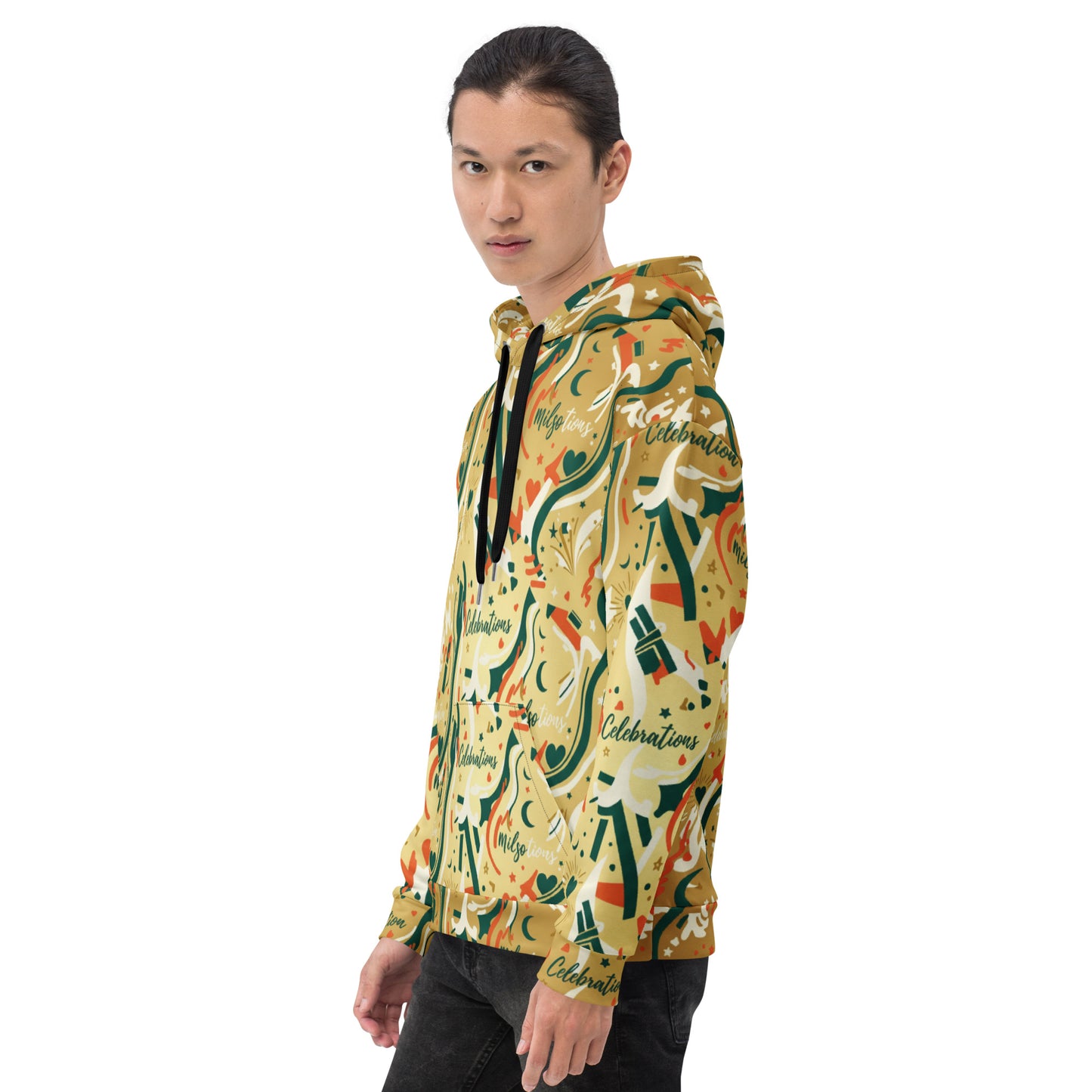 Person wearing a colorful hoodie with a pattern on a white background