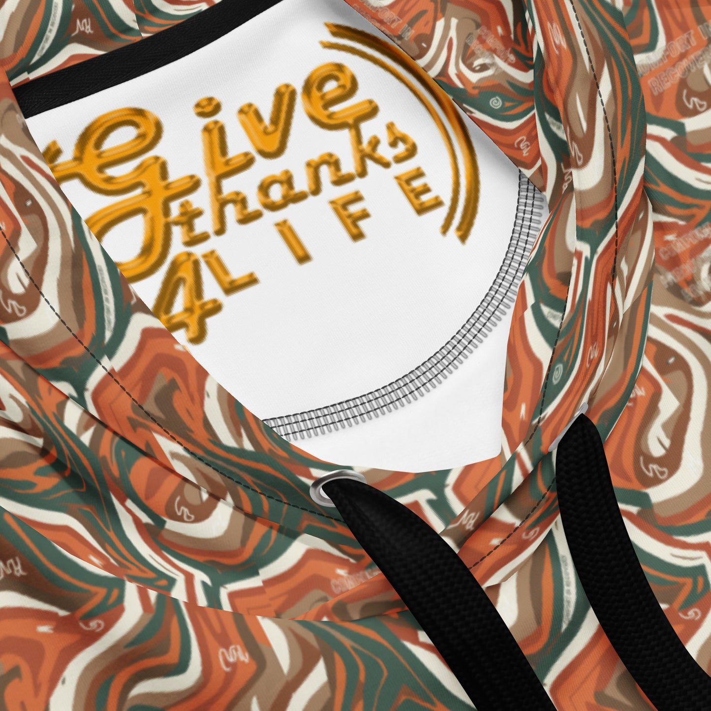 Colorful patterned bag with 'Give Thanks 4 Life' text on a white background