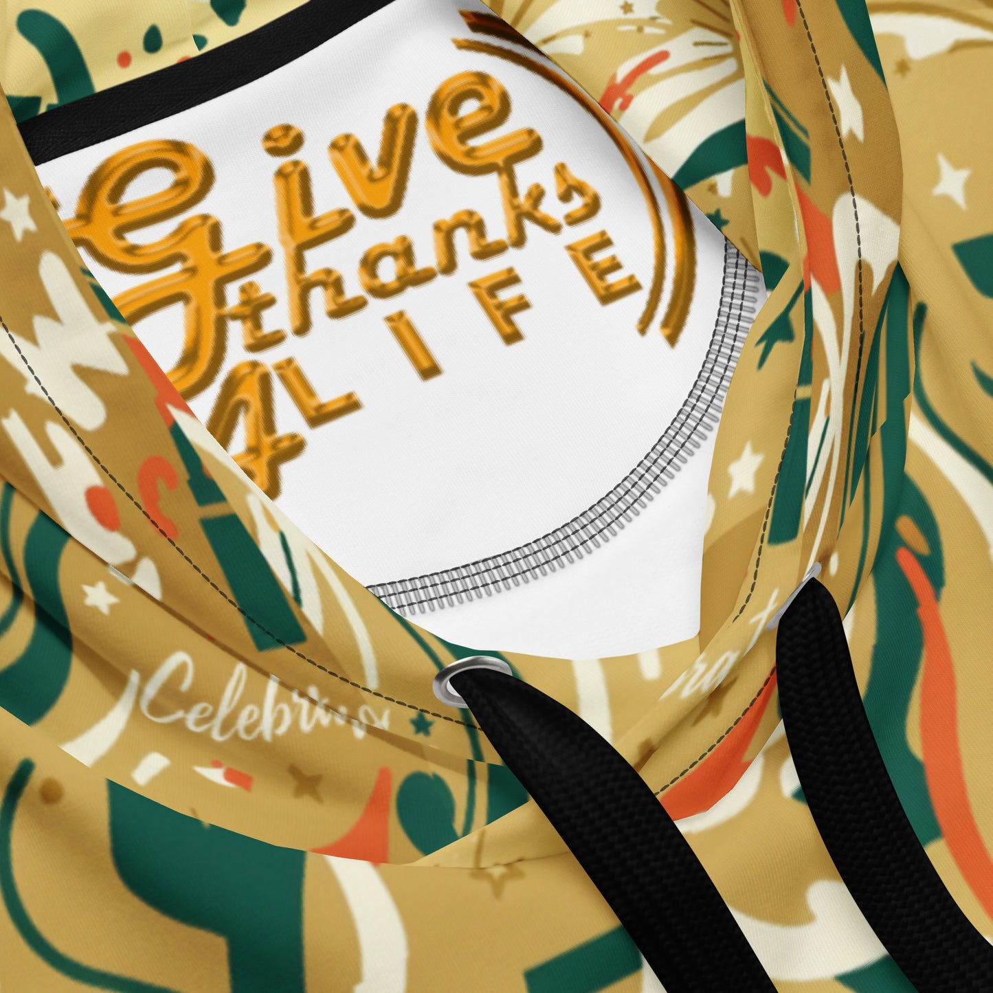 Hoodie with 'Give thanks for life' text and colorful design