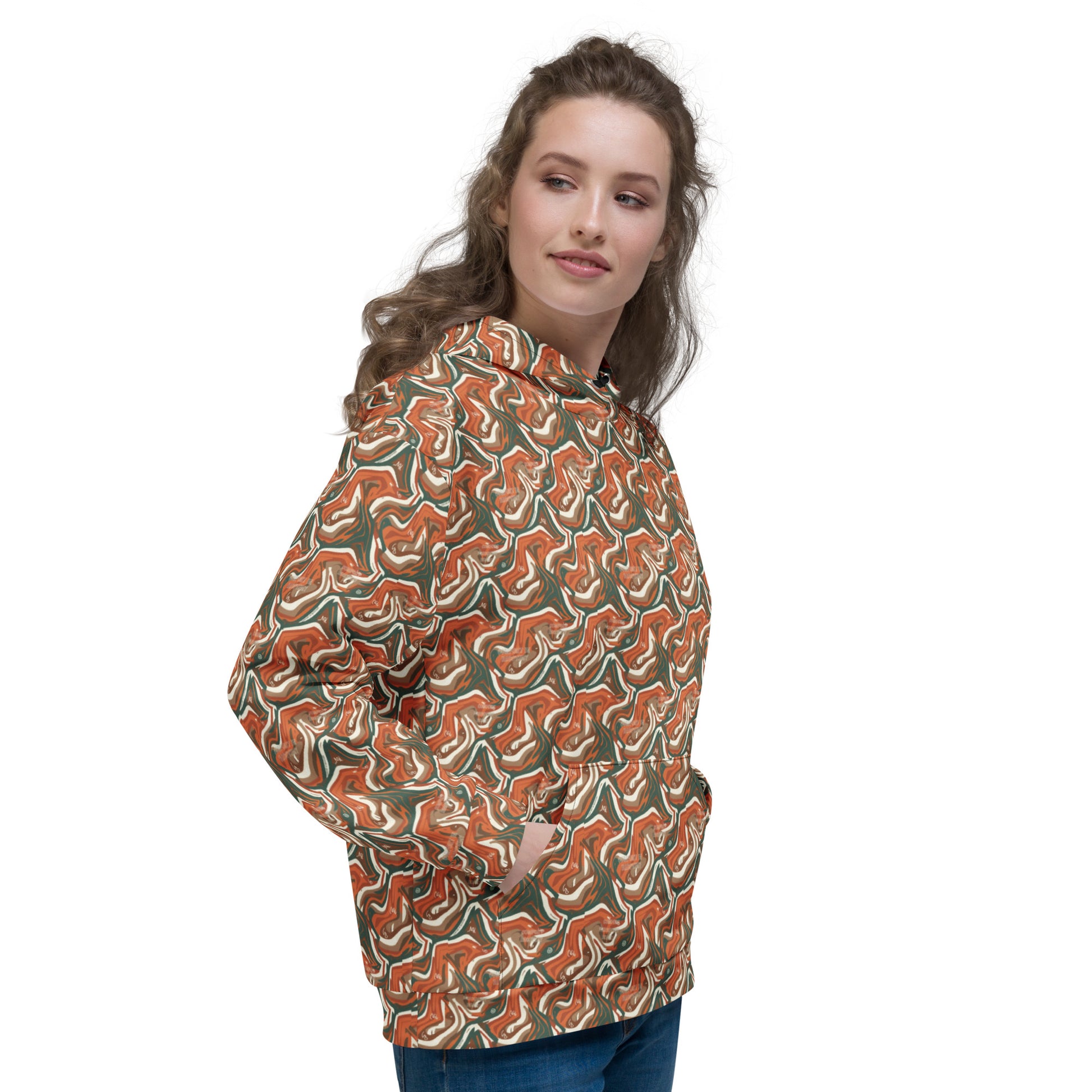 Woman wearing a patterned jacket on a white background