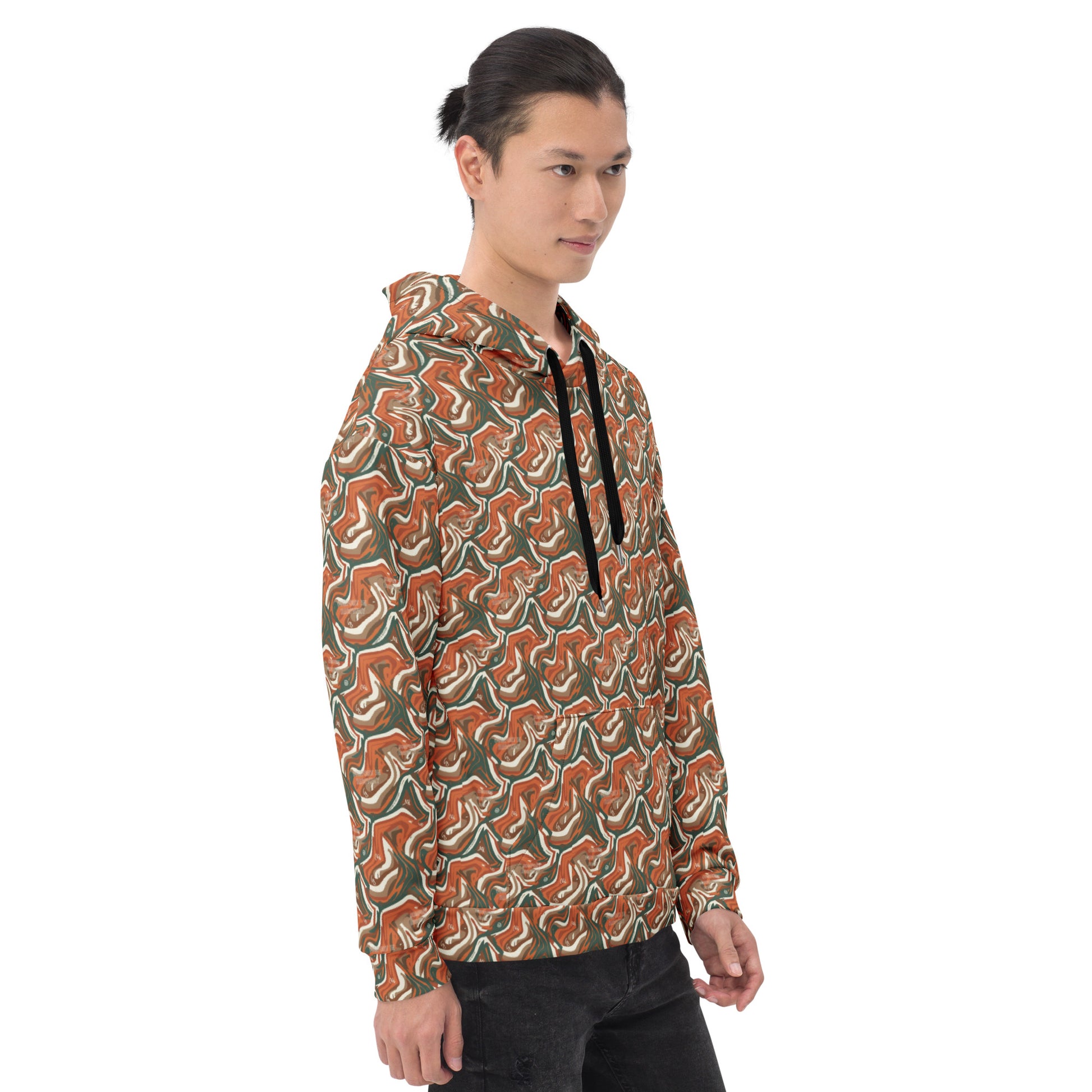 Person wearing a patterned hoodie on a white background