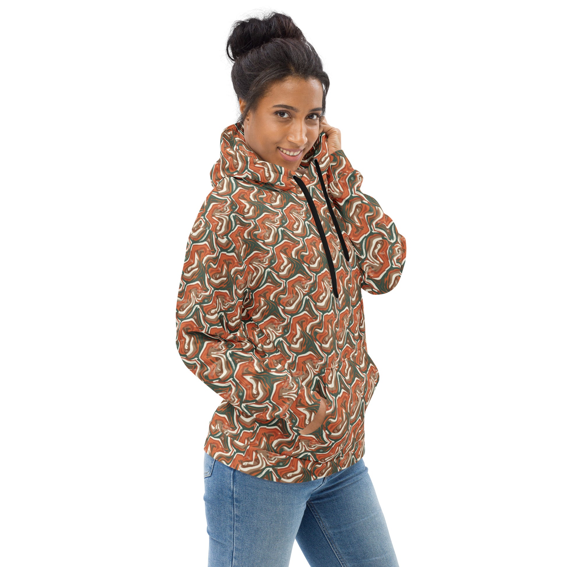 Woman wearing a patterned hoodie on a white background
