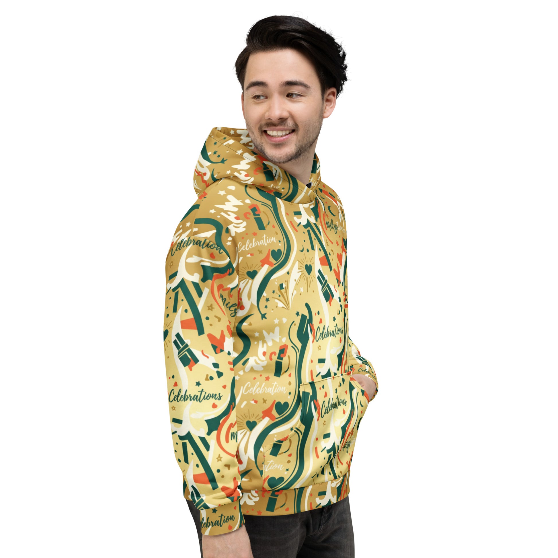 Person wearing a colorful hoodie with a pattern on a white background