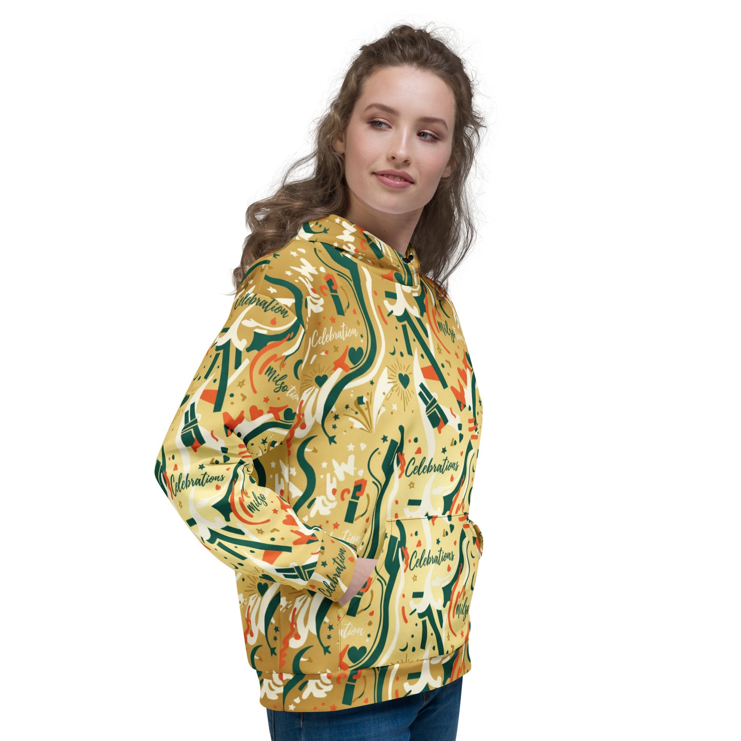 Woman wearing a colorful hoodie with a pattern on a white background