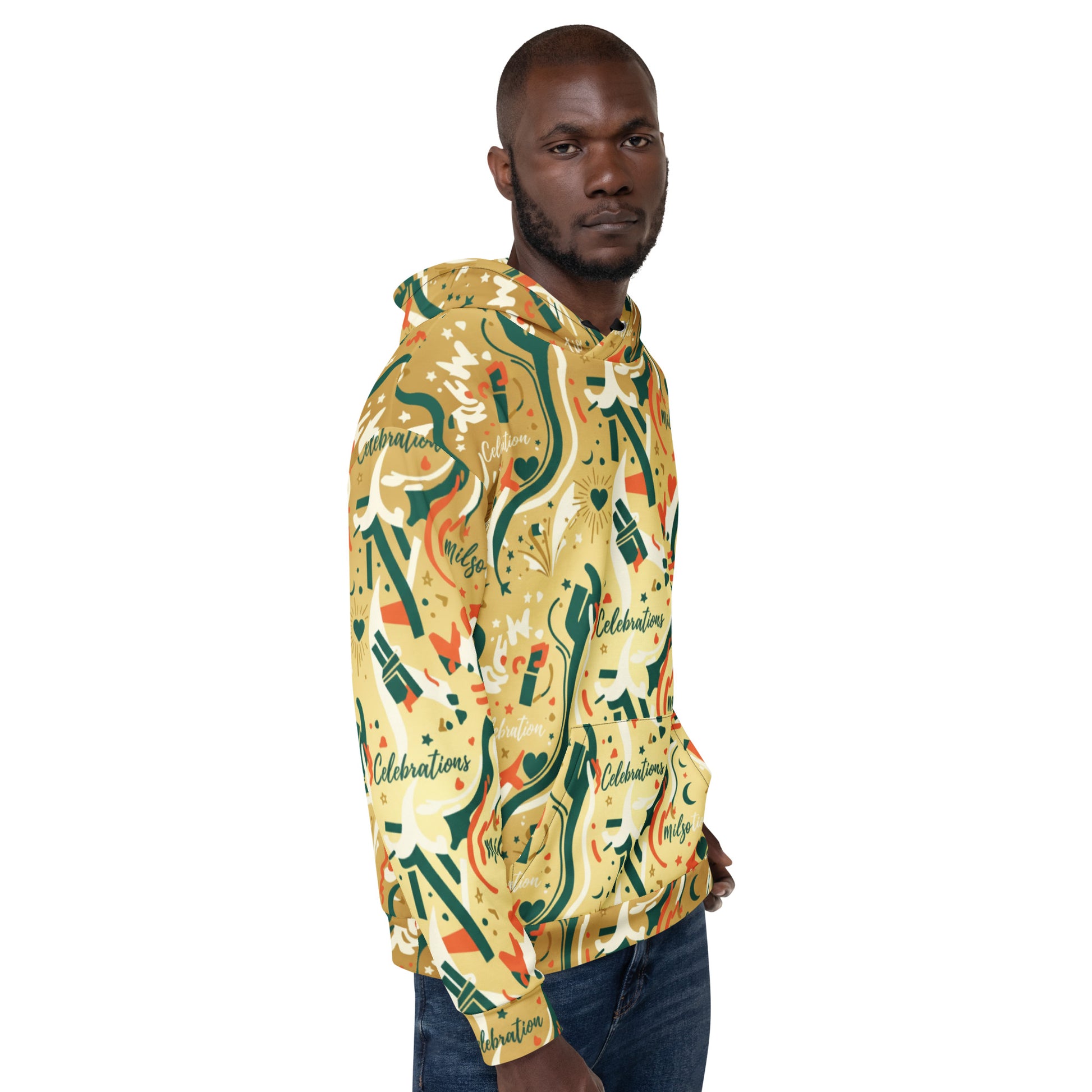 Man wearing a colorful patterned shirt on a white background
