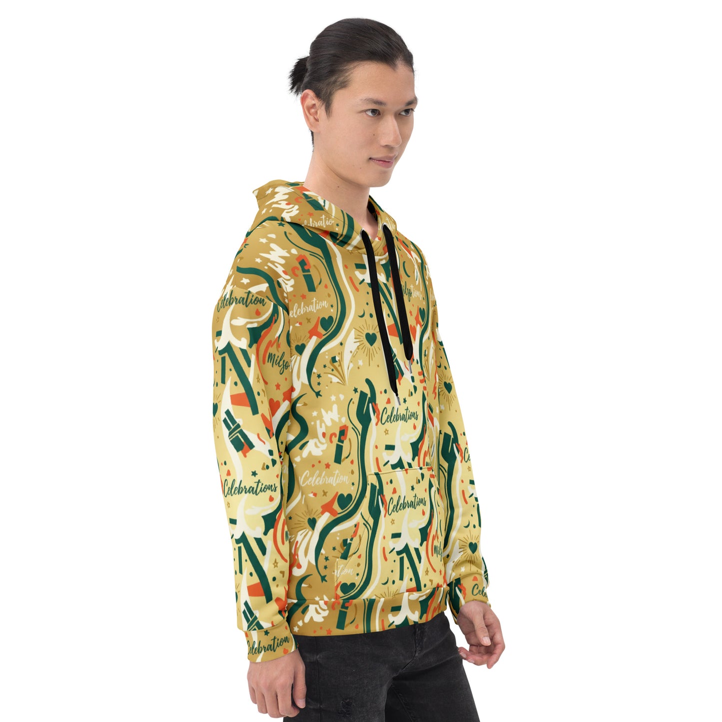 Person wearing a colorful hoodie with tool design on a white background