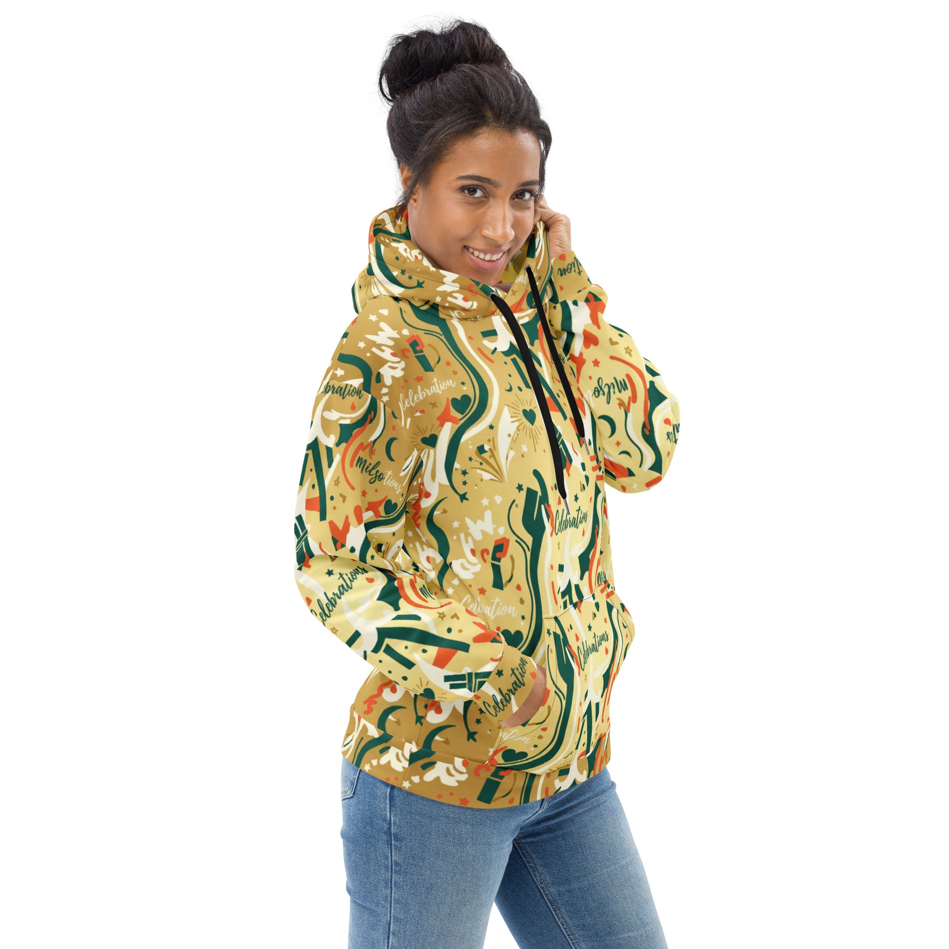 Woman wearing a colorful patterned hoodie on a white background