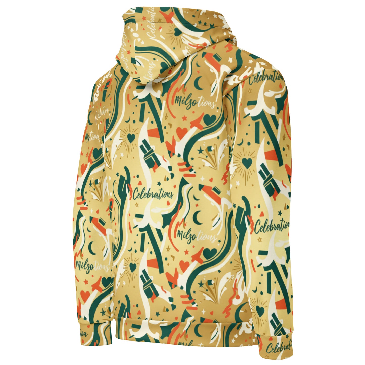 Colorful patterned hoodie with brand name on a white background